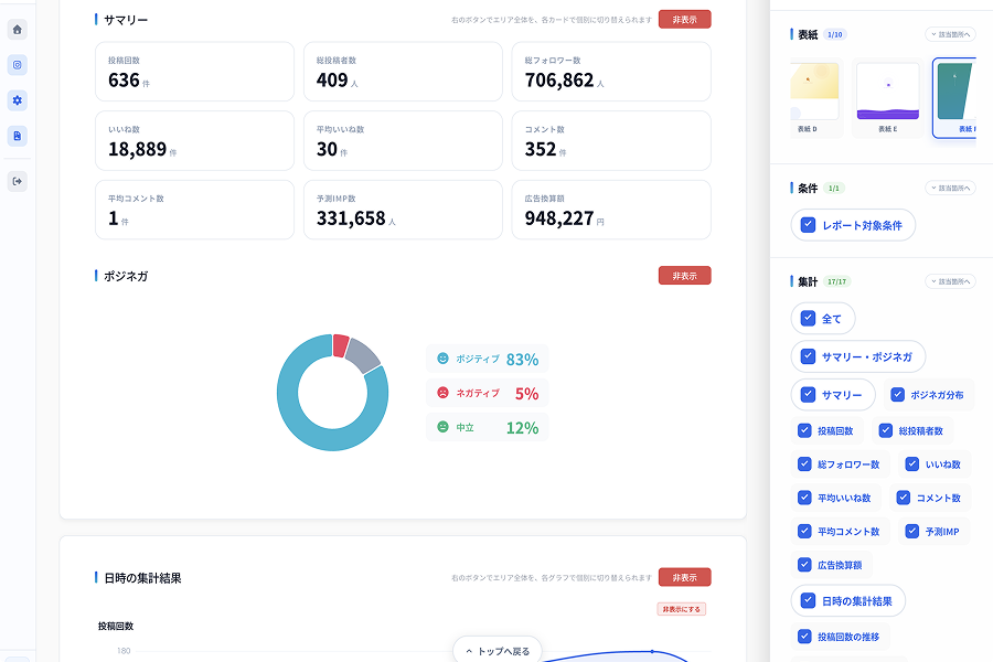 レポート生成画面 — ハッシュタグ分析レポートのプレビュー
